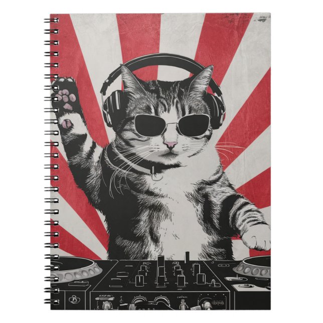 Funny DJ Cat Disco Sound Tech Headphone Music Notebook (Front)