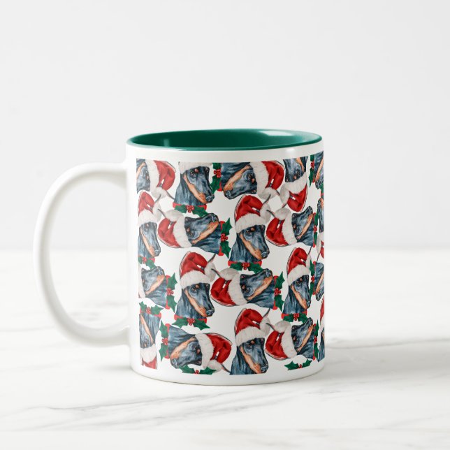 Funny Doberman Christmas Pattern Two-Tone Coffee Mug (Left)