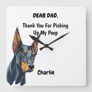 Funny Doberman Dad Watercolor Canine Art Square Wall Clock