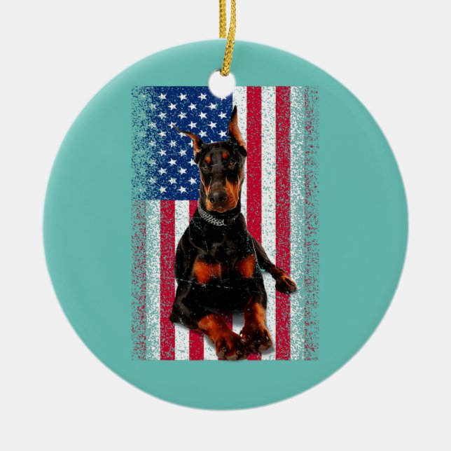 Funny Doberman Dog American Flag Patriotic Happy Ceramic Tree Decoration (Front)