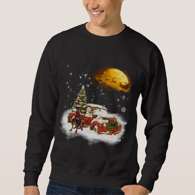 Funny Doberman Dog Snow Red Truck Christmas Xmas T Sweatshirt (Front)