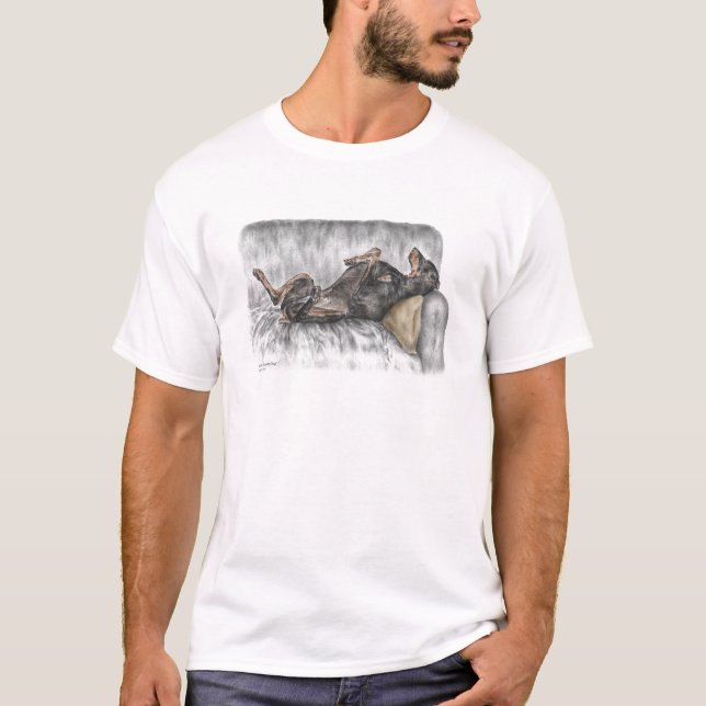 Funny Doberman on Sofa T-Shirt (Front)
