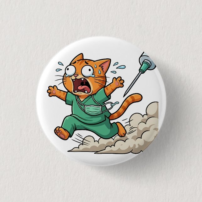 Funny Doctor Cat Running With Syringe Button (Front)
