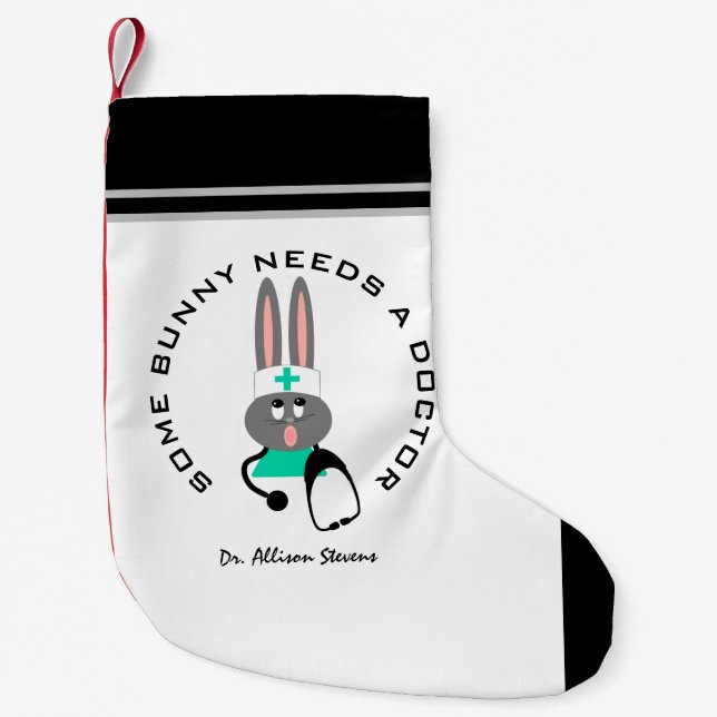 Funny Doctor Medical Bunny White Personalized Small Christmas Stocking (Front)