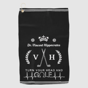 Funny Doctor Physician Custom Name Monogram Black Golf Towel