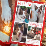 Funny Dog 4 Photo Collage YAPPY PAWLIDAYS Red Holiday Card<br><div class="desc">Funny dog photo holiday greeting card featuring 4 pictures with the greeting YAPPY PAWLIDAYS (or your custom greeting) in modern hand-lettered typography accented with dog paw prints against a white and red background with lights and stars. ASSISTANCE: For help with design modification or personalisation, colour change, resizing, transferring the design...</div>