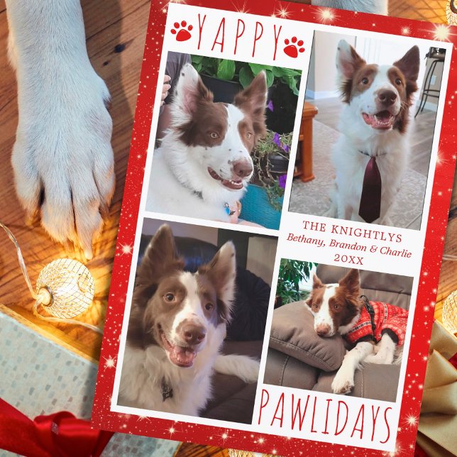 Funny Dog 4 Photo Collage YAPPY PAWLIDAYS Red Holiday Card (Creator Uploaded)