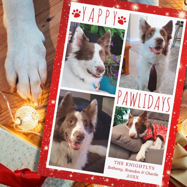 Funny Dog 4 Photo Collage YAPPY PAWLIDAYS Red Holiday Card (Creator Uploaded)
