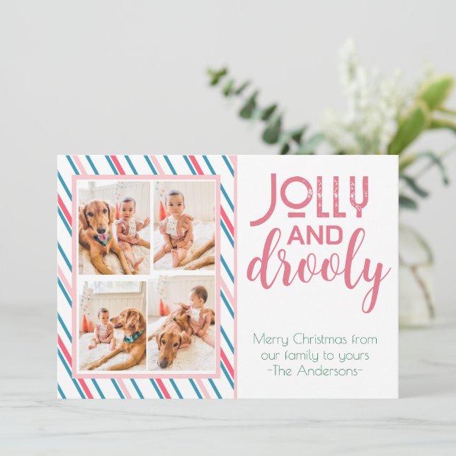 Funny Dog and Baby Colourful Four Photo Holiday Card (Standing Front)