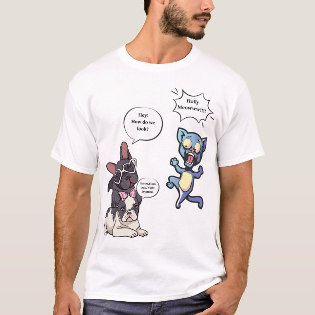 Funny Dog and Cat Cartoon – Cute French Bulldogs T-Shirt (Front)