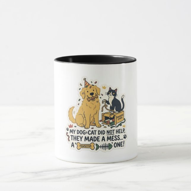 Funny Dog and Cat Made a Mess Two-Tone Coffee Mug (Center)