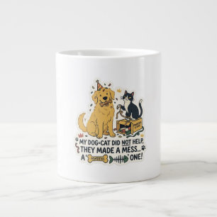 Funny Dog and Cat Messy Cute Pet Illustration Coff Large Coffee Mug