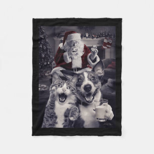 Funny Dog And Cat Selfie With Santa Christmas Fleece Blanket
