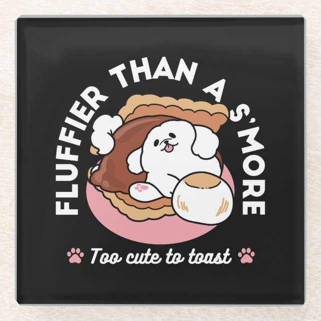 Funny Dog and S’more Design – Kawaii Pet Lover Pun Glass Coaster (Front)