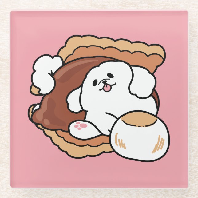 Funny Dog and S’more Design – Kawaii Pet Lover Pun Glass Coaster (Front)