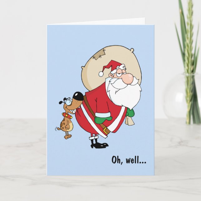 Funny Dog Biting Santa Christmas Card (Front)