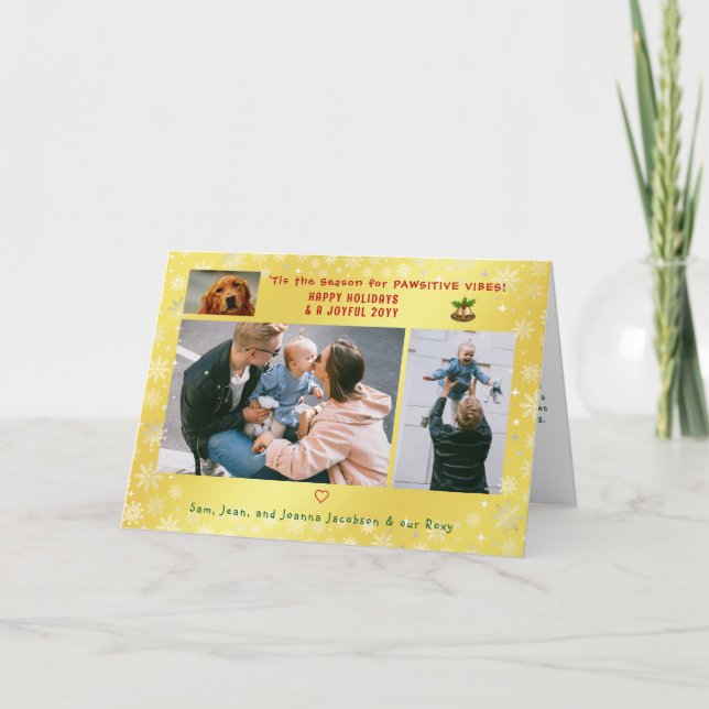 Funny Dog Cat 3 Photos Minimalist Elegant Golden Card (Front)