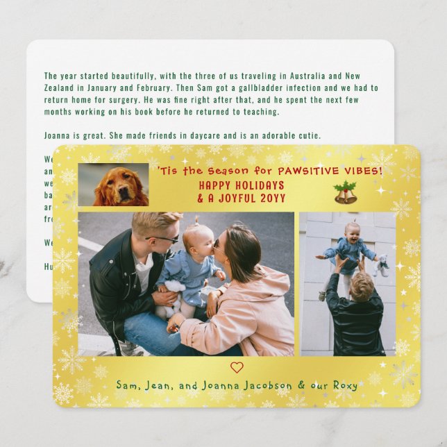 Funny Dog Cat 3 Photos Minimalist Elegant Golden Holiday Card (Front/Back)