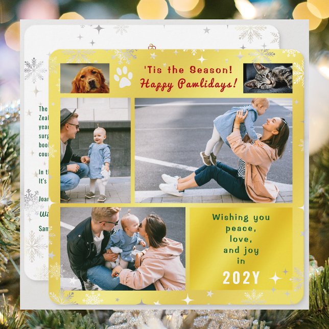Funny Dog Cat 4 Photos Collage Peace Love Golden Holiday Card (Funny Cat Dog Photo Happy Pawlidays with 5 Photos. Golden Background, Snowflakes. Peace, Love, Joy)