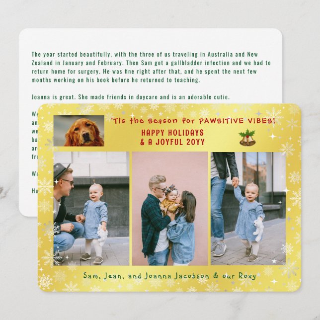 Funny Dog Cat 4 Photos Minimalist Elegant Golden Holiday Card (Front/Back)