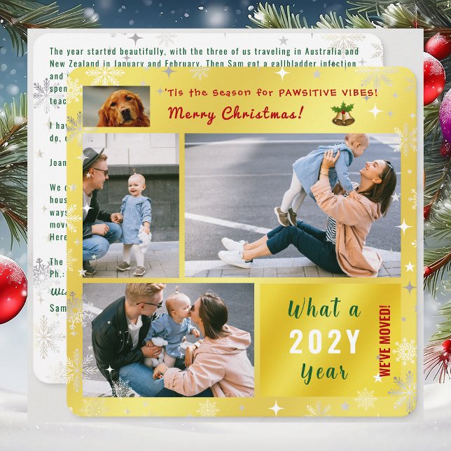Funny Dog Cat 4 Photos New Home We've Moved Golden Holiday Card (Funny dog Christmas card. Pawsitive humor. 4 Photos. We've moved letter. Elegant, golden. Snowflakes)