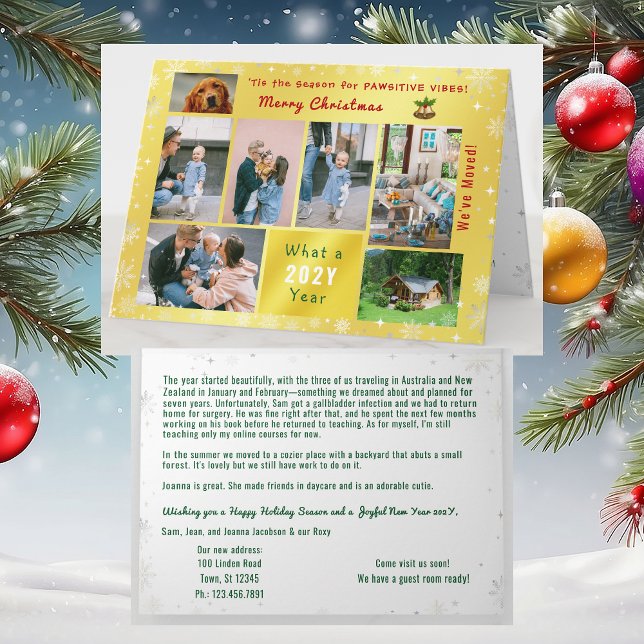 Funny Dog Cat 7 Photos Collage We've Moved Golden Holiday Card (Funny dog Christmas card, pawsitive humor. 7 Photos. We've moved letter. Elegant, golden. Cute Snow)
