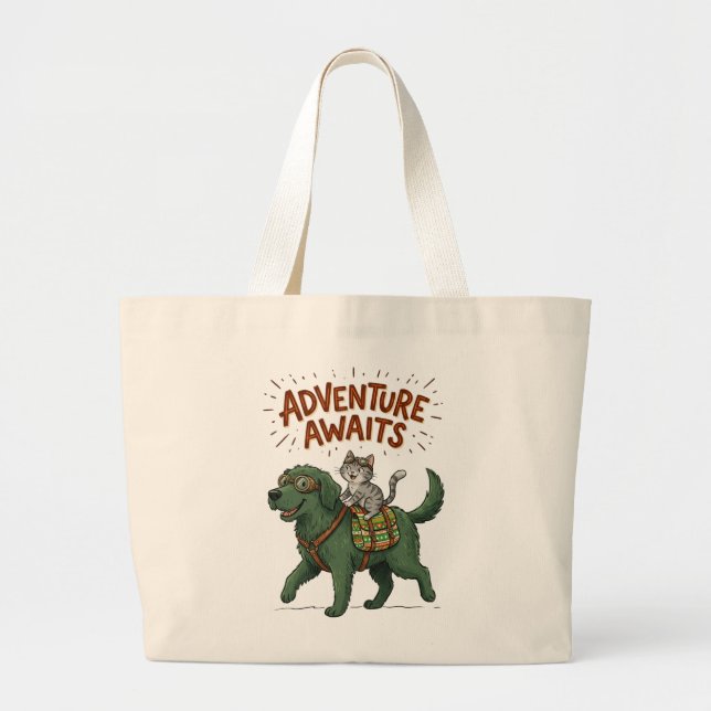 Funny Dog & Cat Adventure Awaits Large Tote Bag (Front)