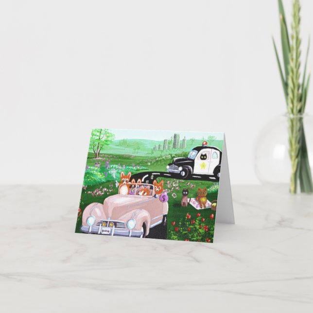 Funny Dog Cat Art Corgi Cop Police Car Creationart Card (Front)