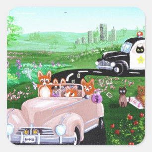 Funny Dog Cat Art Corgi Cop Police Car Creationart Square Sticker
