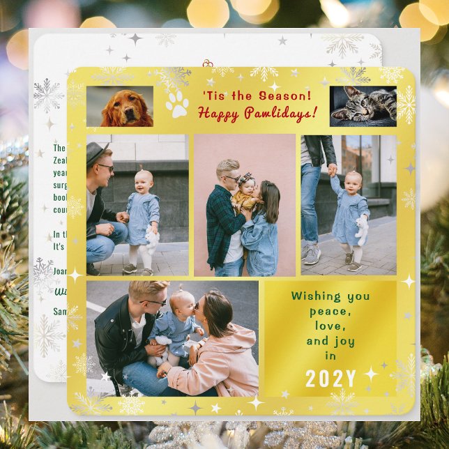 Funny Dog Cat Happy Pawlidays Peace Love Photos  Holiday Card (Funny Cat Dog Photo Happy Pawlidays with 6 Photos. Golden Background, Snowflakes. Peace, Love, Joy)
