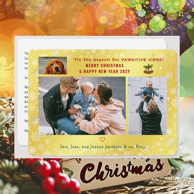 Funny Dog Cat Pawsitive 3 Photos Minimalist Golden Holiday Card (Cute Funny Pet Dog Pawsitive Vibes Merry Christmas Happy New Year 'Tis the Season 4 Photos Letter)