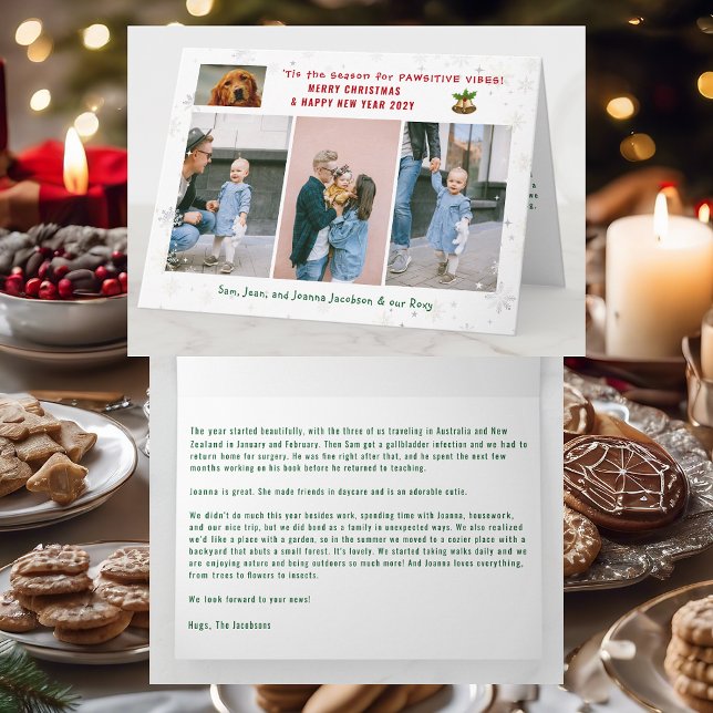 Funny Dog Cat Pawsitive 3 Photos Minimalist Modern Card (Cute Elegant Funny Pet Dog Pawsitive Vibes Merry Xmas Happy New Year 4 Photos Snowflakes Letter)