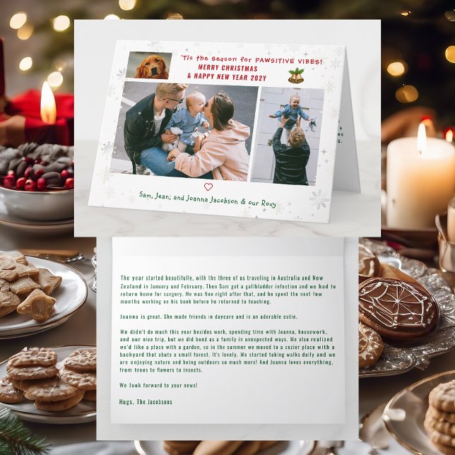 Funny Dog Cat Pawsitive 3 Photos Minimalist Modern Card (Cute Elegant Funny Pet Dog Pawsitive Vibes Merry Xmas Happy New Year 3 Photos Snowflakes Letter)