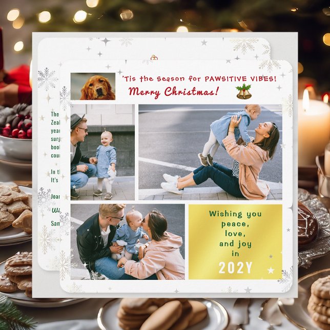 Funny Dog Cat Peace Love Joy 4 Photos Collage Cute Holiday Card (Cute Elegant Funny Pet Dog 'Tis the Season Pawsitive Vibes Merry Xmas 4 Photos Snowflakes Letter)
