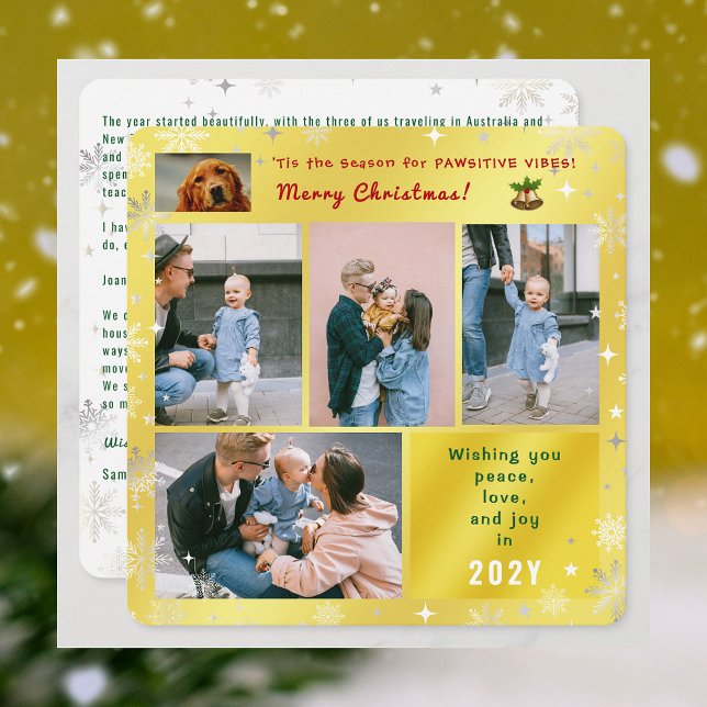 Funny Dog Cat Peace Love Joy 5 Photos Cute Golden Holiday Card (Elegant Golden Cute Funny Pawsitive Vibes Christmas Card Pet Dog Photo 5 Photos Peace Love Joy)