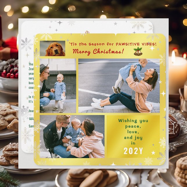 Funny Dog Cat Peace Love Joy Elegant Golden Photo Holiday Card (Cute Elegant Funny Pet Dog 'Tis the Season Pawsitive Vibes Merry Xmas 4 Photos Snowflakes Golden)
