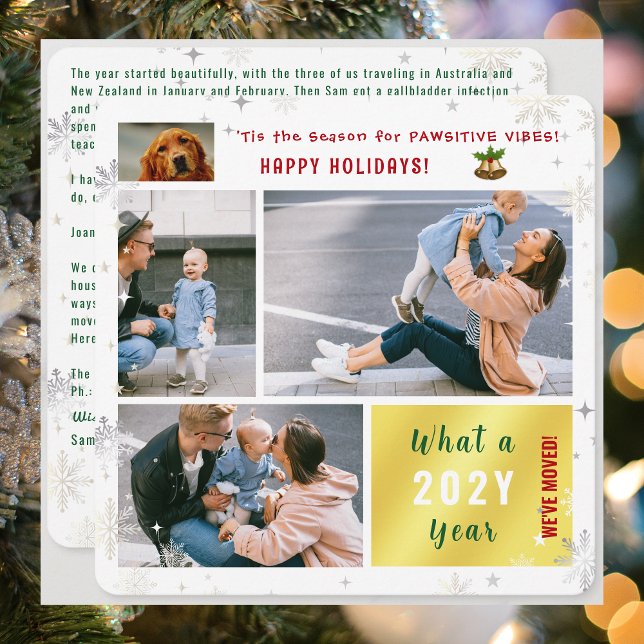 Funny Dog Cat We've Moved 4 Photos Cute Pawsitive Holiday Card (Funny Dog with Pawsitive Vibes We've Moved Holidays Card. 4 Photos. Elegant modern cute. Snowflakes)