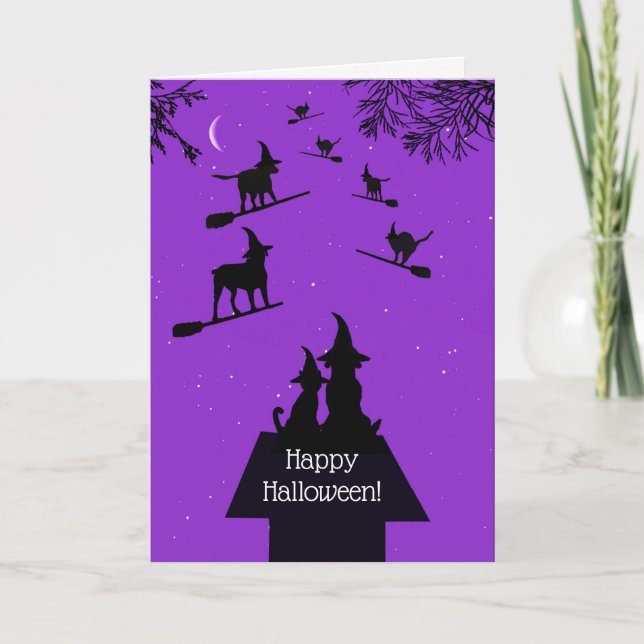 Funny Dog Cat Witches Happy Halloween Dog House Card (Front)