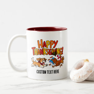 Funny Dog Chasing Turkey Custom Happy Thanksgiving Two-Tone Coffee Mug
