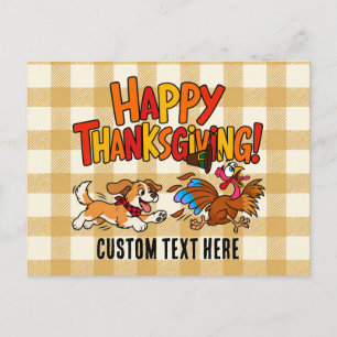Funny Dog Chasing Turkey Plaid Happy Thanksgiving Holiday Postcard