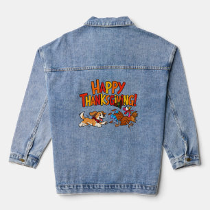 Funny Dog Chasing Turkey Thanksgiving Denim Jacket
