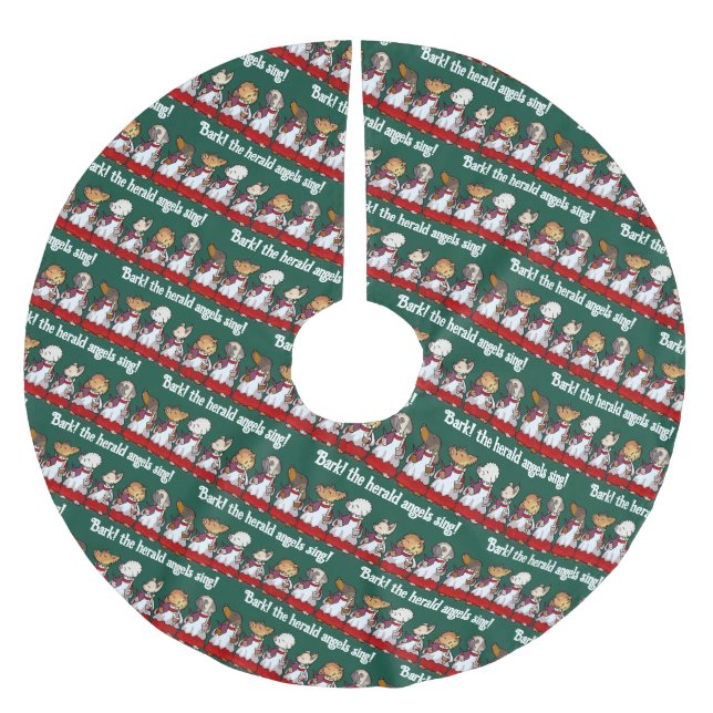 Funny Dog Choir Bark! Xmas Carol Pun Cartoon Brushed Polyester Tree Skirt (Front)