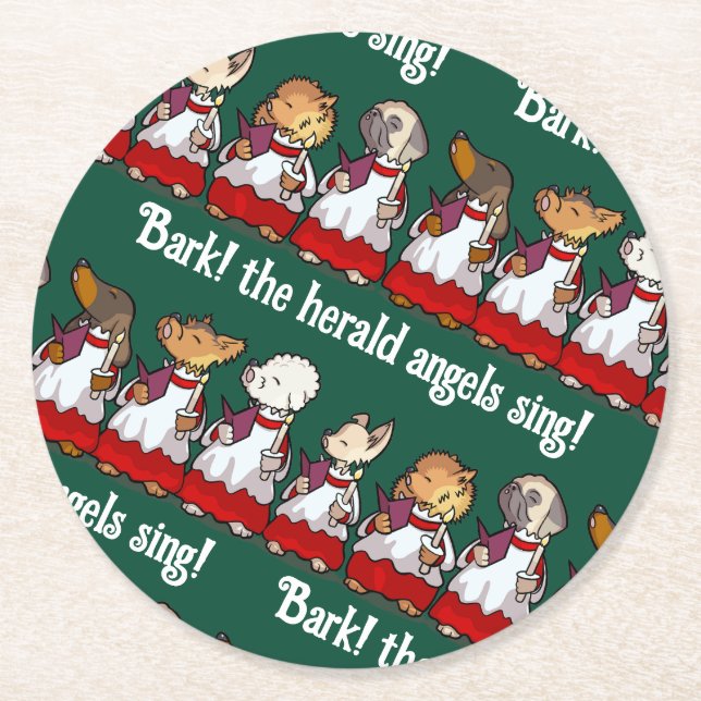 Funny Dog Choir Bark! Xmas Carol Pun Cartoon Round Paper Coaster (Front)