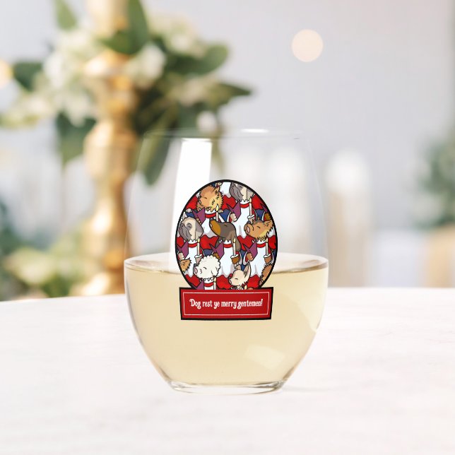 Funny Dog Choir Christmas Carol Pug Pun Cartoon Stemless Wine Glass (Insitu (Wedding))