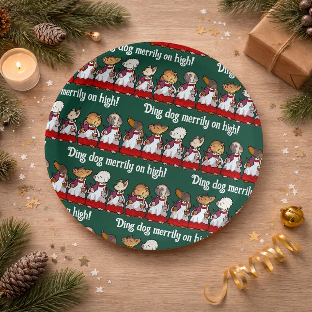 Funny Dog Choir Ding Dog Xmas Carol Pun Cartoon Paper Plate (Creator Uploaded)