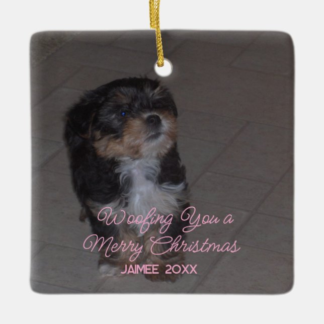 Funny Dog Christmas Holiday Greeting Girly Name  Ceramic Ornament (Front)