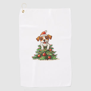 Funny Dog climbing on Christmas Tree Costume Golf Towel