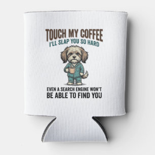 Funny Dog Coffee Warning Vintage Engraving Design_ Can Cooler