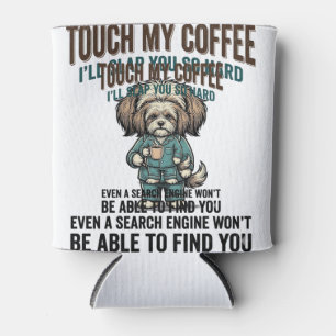 Funny Dog Coffee Warning Vintage Engraving Design_ Can Cooler