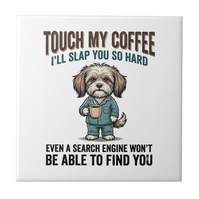 Funny Dog Coffee Warning Vintage Engraving Design_ Tile (Front)